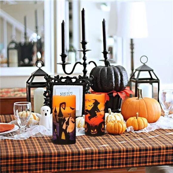 Halloween LED Flameless Candles Set of 3 Orange Wax Timer Flickering Decor - Picture 4 of 7